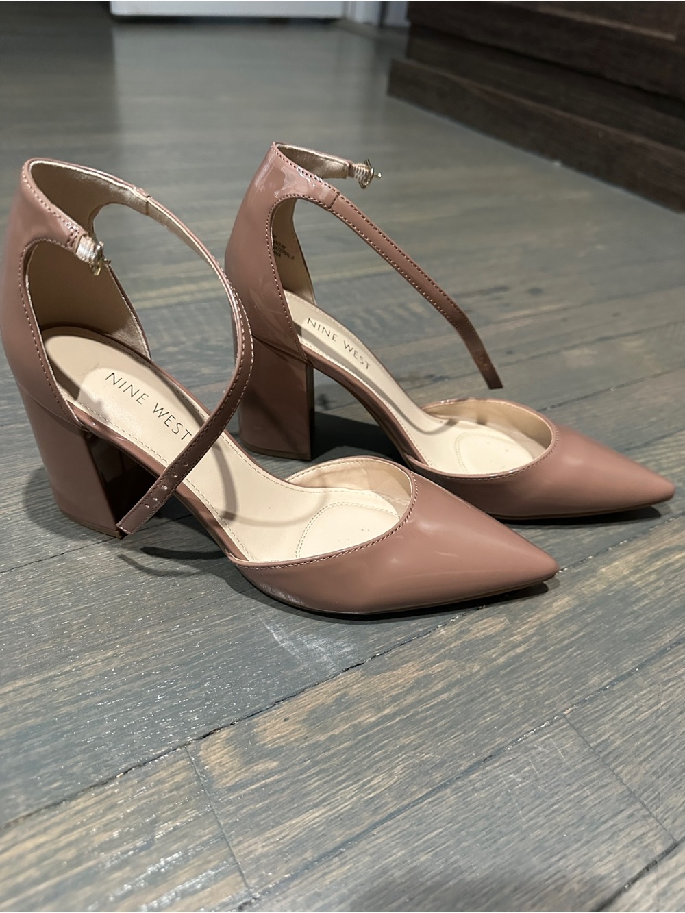 Nine West Nude Pink Patent Pointed-Toe Block Heel Pumps